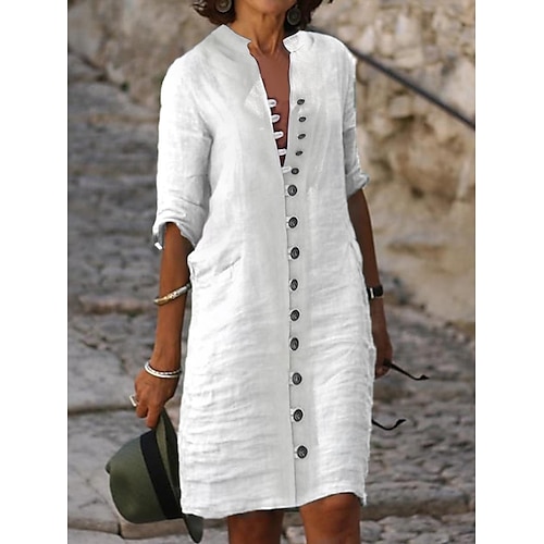 

Women's Shirt Dress Casual Dress Cotton Linen Dress Midi Dress Cotton Blend Classic Modern Outdoor Daily Vacation Split Neck Button Half Sleeve Summer Spring Fall 2023 Loose Fit White Plain S M L XL