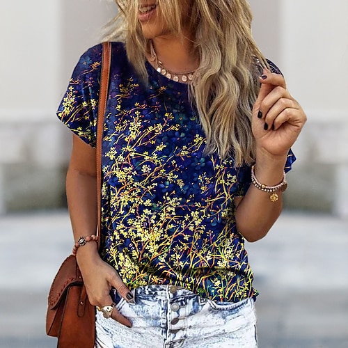 

T shirt Tee Femme Bleu Violet Vert Floral Imprimer Manche Courte Vacances Fin de semaine basique Col Rond Normal Standard Fleur Peinture S