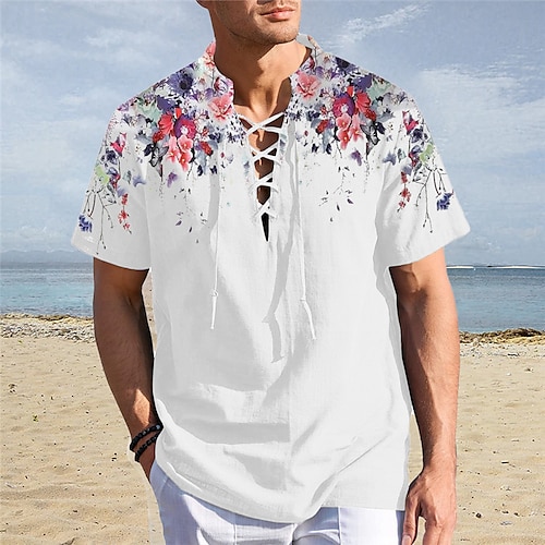 

Herren Hemd leinenhemd Henley Shirt Blumen Grafik-Drucke Ständer Bekleidung Outdoor Strasse Kurzarm Kordelzug Bedruckt Leinen Modisch Strassenmode Designer Brautkleider schlicht