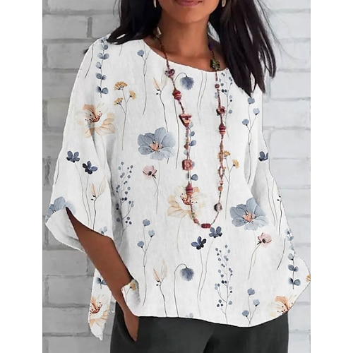 

Women's Shirt Blouse White Blue Green Floral Print Half Sleeve Casual Holiday Basic Round Neck Regular Floral S