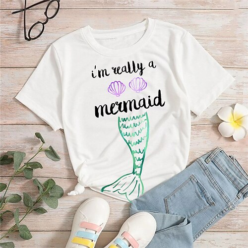 

Girls' T shirt Short Sleeve T shirt Tee Graphic Mermaid 3D Print Active Fashion Cute 100% Cotton Outdoor Casual Daily Kids Crewneck 3-12 Years 3D Printed Graphic Regular Fit Shirt 1-pack