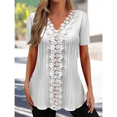 

Mulheres Camisa Social Blusa Branco Tecido Renda Manga Curta Casual Básico Decote V Padrão S