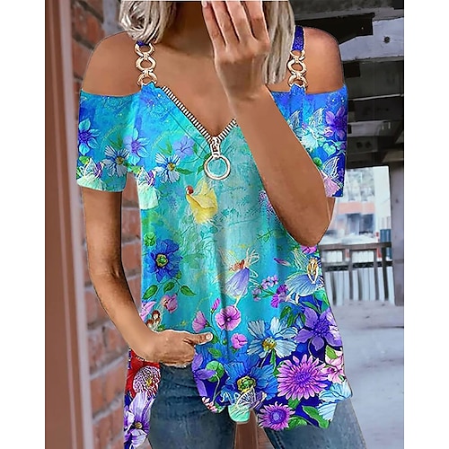 

Damen Hemd Bluse Rosa Blau Grün Graphic Blumen Viertel Postleitzahl Bedruckt Kurzarm Casual Basic V Ausschnitt Standard S