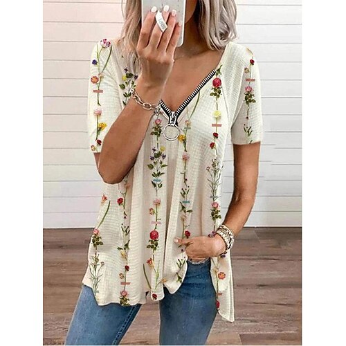 

Damen T Shirt Bluse Grün Beige Blumen Viertel Postleitzahl Bedruckt Kurzarm Casual Festtage Basic V Ausschnitt Standard Blume S