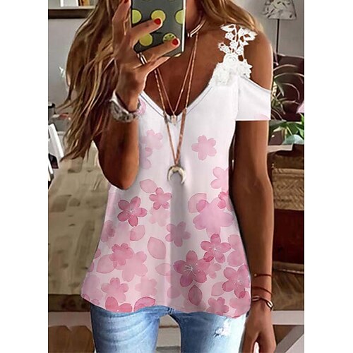 

Women's T shirt Tee White Pink Beige Floral Butterfly Lace Cut Out Short Sleeve Holiday Weekend Basic V Neck Regular Floral Butterfly Painting S