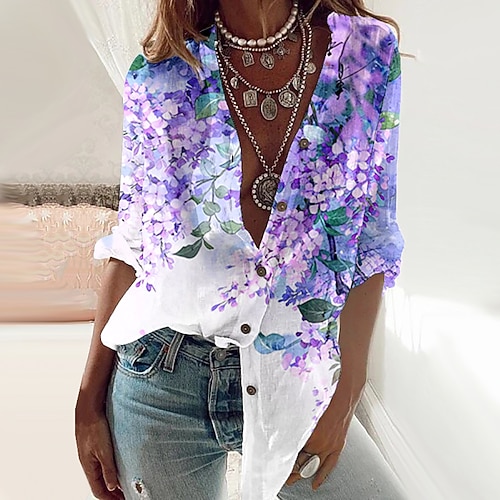 

Mulheres Camisa Social Blusa Roxo Floral Botão Imprimir Manga Longa Casual Feriado Básico Decote V Longo Tema Flores S