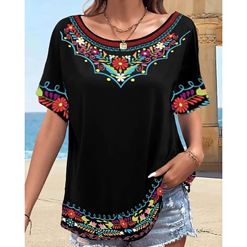 

Mulheres Camiseta Preto Floral Imprimir Manga Curta Feriado Final de semana Básico Decote Redondo Padrão Tema Flores Pintura S