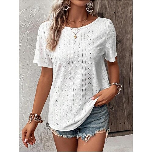 

Women's T shirt Tee White Plain Lace Cut Out Short Sleeve Daily Weekend Basic Round Neck Regular S