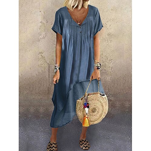 

Robe casual Robe en coton et lin Femme Robe mi-longue Mélange de Coton basique Moderne Extérieur du quotidien Col V Bouton Multirang Manche Courte Eté Printemps 2023 Ample Bleu Plein S M L XL 2XL