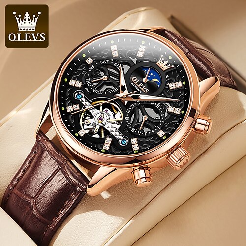 

OLEVS Men Mechanical Watch Luxury Large Dial Fashion Business Analog Wristwatch Automatic Self-winding Moon Phase Luminous Chrono Calendar Waterproof Genuine Leather Men Wristwatches