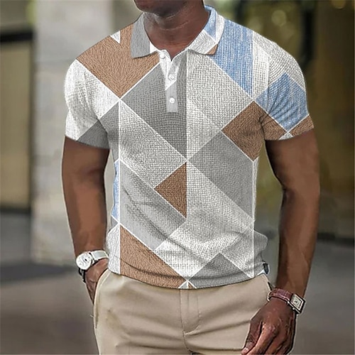 

Men's Waffle Polo Shirt Button Up Polos Lapel Polo Polo Shirt Golf Shirt Plaid / Check Graphic Prints Geometry Turndown Black Blue Dark Green Brown Green Outdoor Street Short Sleeve Print Clothing