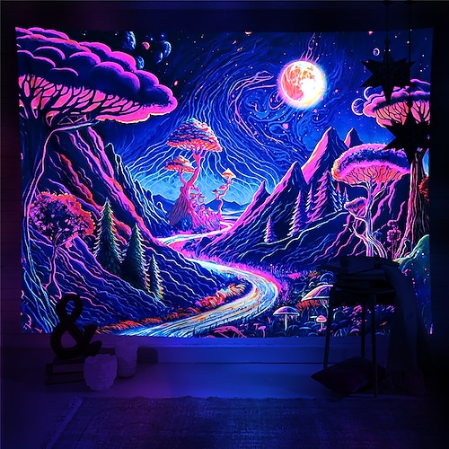 

lumière noire tapisserie uv réactif astronaute planche à roulettes trippy montagne brumeux champignon nature paysage suspendu tapisserie mur art mural pour salon chambre