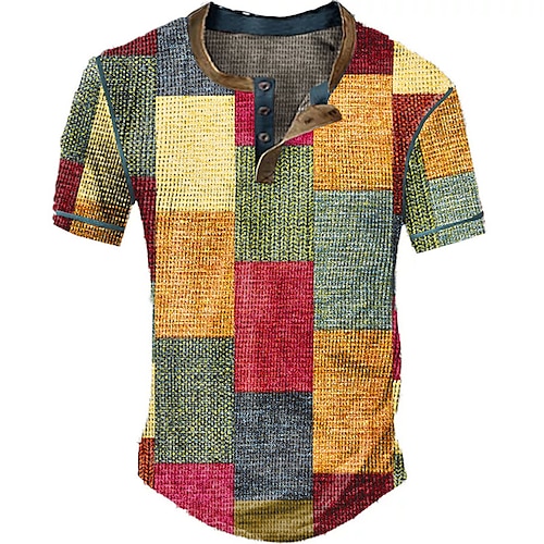 

Men's Waffle Henley Shirt Graphic Plaid Color Block Henley Clothing Apparel 3D Print Outdoor Daily Short Sleeve Button Fashion Designer Basic