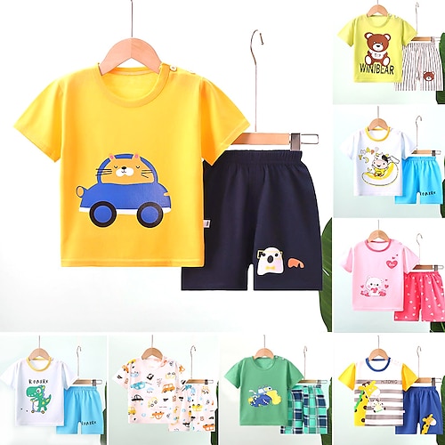 

2 Peças Infantil Para Meninos T-shirt & Shorts Equipamento Animal Desenho Animado Manga Curta Crewneck Algodão Definir Casual Moda Diário Verão Primavera 3-7 anos