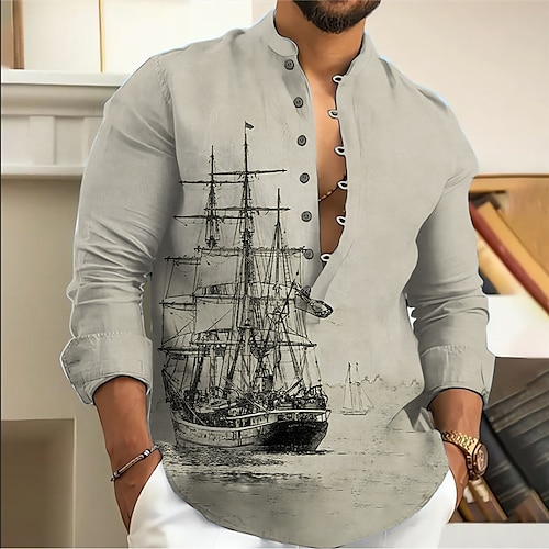 

Men's Shirt Linen Shirt Graphic Prints Vintage Sailboat Stand Collar Pink Blue Green Khaki Outdoor Street Long Sleeve Print Clothing Apparel Linen Fashion Streetwear Designer Casual