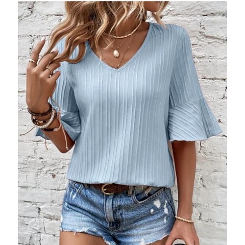 

Chemise Chemisier Femme Bleu Plein A Volants Demi Manches Casual basique Col V Normal Standard S