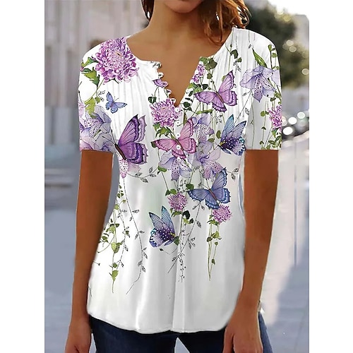 

Women's T shirt Tee White Purple Floral Butterfly Button Print Short Sleeve Holiday Weekend Tunic Basic Round Neck Floral Butterfly Painting