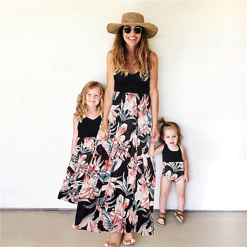 

Mama und ich Kleider Baumwolle Blumen Casual Schwarz Purpur Ärmellos Tank-Top Kleid bezaubernd Passende Outfits