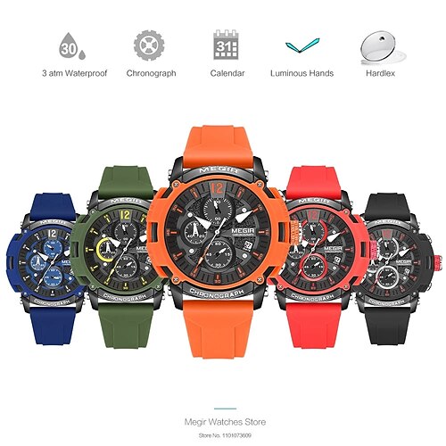 

Megir hommes montre à quartz mode grand cadran sports de plein air analogique montre-bracelet calendrier lumineux chronographe auto étanche bracelet en silicone montre