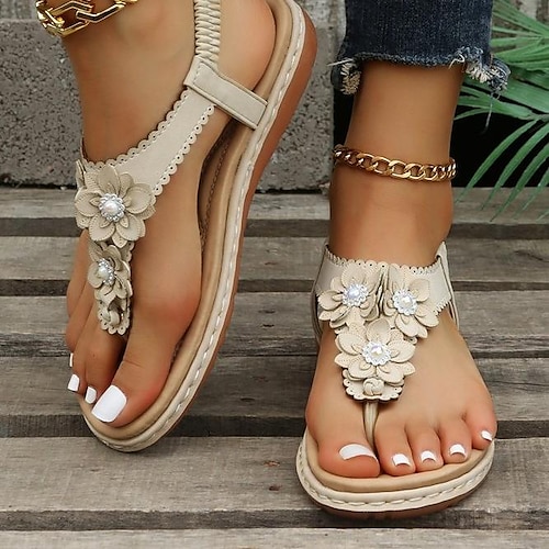 

Women's Sandals Boho Bohemia Beach Flip-Flops Braided Sandals Daily Beach Beading Flat Heel Open Toe Minimalism Faux Leather Elastic Band Solid Color White Blue