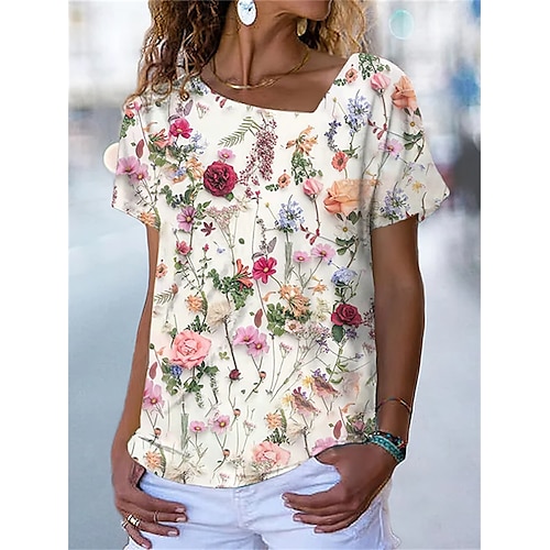 

T shirt Tee Femme Blanche Floral Imprimer Manche Courte Vacances Fin de semaine basique Col V Normal Standard Fleur Peinture S