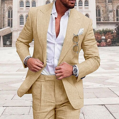 

Champagne Beige Men's Wedding Linen Suits 2 Piece Solid Colored Tailored Fit Single Breasted One-button 2023