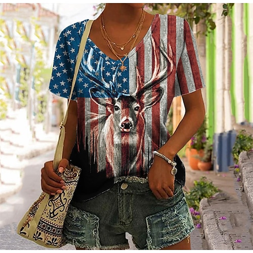 

Mujer Camiseta Rojo Reno Bandera estadounidense Estampado Manga Corta Fin de semana Día de la Independencia Básico Escote en Pico Regular Pintura S