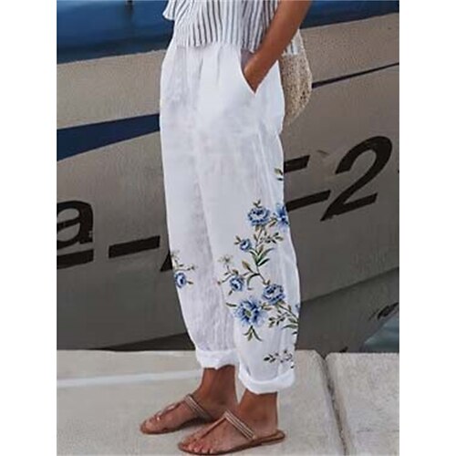 

Women's Wide Leg Linen Pants Pants Trousers Faux Linen White Light Green Pink Basic Casual Holiday Vacation Weekend Side Pockets Print Full Length Comfort Floral S M L XL XXL