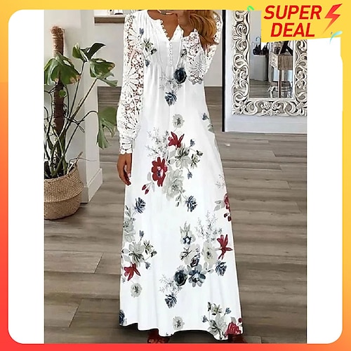 

kvinners floral blonder plisserte kjoler eyelet lang kjole maxi kjole en linje kjole print kjole mote casual utendørs daglig knapp langermet v-hals normal passform hvit rosa rød vår sommer s m l xl