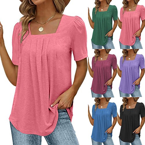 

Women's T shirt Tee Black Pink Blue Plain Short Sleeve Daily Weekend Basic Square Neck Regular S