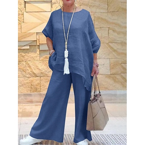 

Mulheres Loungewear Conjuntos Cor imaculada Moda Casual Conforto Rua Diário Encontro Algodão E Linho Respirável Gola Redonda Meia Manga Calça Bolsos Verão Primavera Verde Tropa Azul