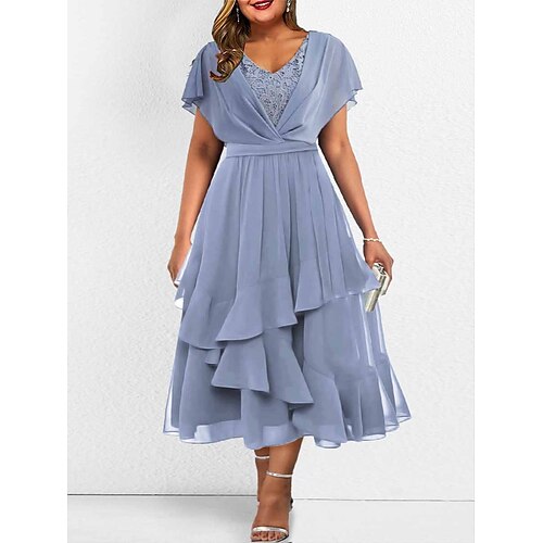 

Mulheres Tamanho Grande Vestido casual Vestido de renda Vestido de chiffon Tecido Vestido Longo Vestido Maxi Manga Curta Renda Patchwork Decote V Moda Ao ar livre Azul Verão Primavera L XL XXL 3XL 4XL