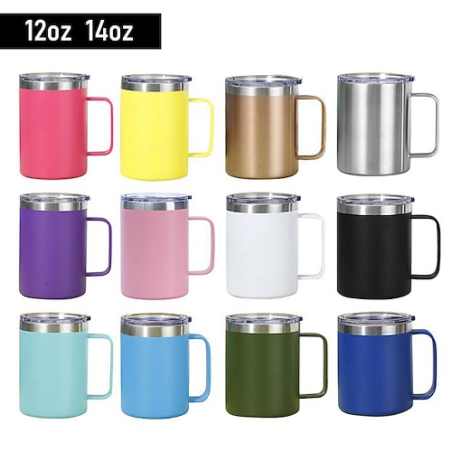 

12oz 14oz Coffee Mug with Handle, Stainless Steel Insulated Travel Tumblers with Sliding Lid, Double Wall Vacuum Camping Cup for Hot Cold Drinks Tea