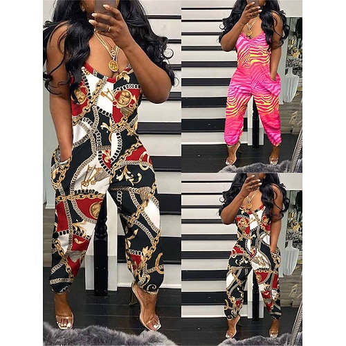 

Mulheres Macacão Bolsos Imprimir Bloco de cor Decote V Roupa de rua Rua Diário Normal Sem Manga Preto Fúcsia S M L Verão
