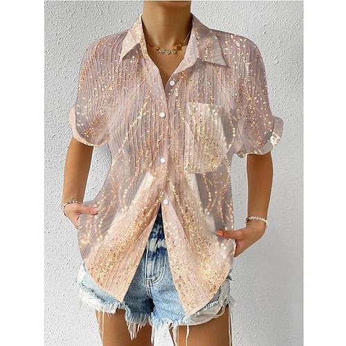 

Women's Shirt Blouse Khaki Plain Sequins Pocket Short Sleeve Casual Basic Shirt Collar Regular S