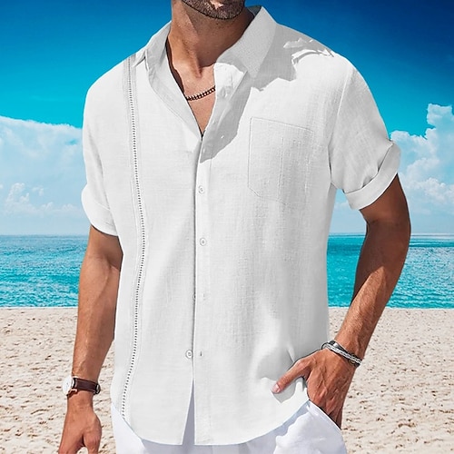 

Men's Shirt Guayabera Shirt Linen Shirt Summer Shirt Beach Shirt Black White Navy Blue Short Sleeve Plain Lapel Summer Casual Daily Clothing Apparel Front Pocket