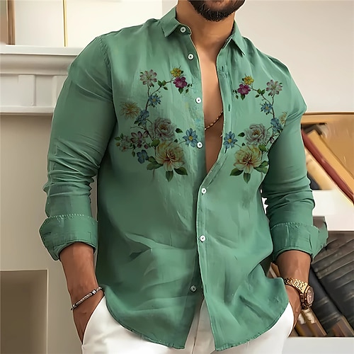 

Homens Camisa Social camisa de linho Floral Estampas Abstratas Aberto para a Lateral Verde Claro Azul Roxo Fúcsia Verde Ao ar livre Rua Manga Longa Imprimir Roupa Linho Moda Roupa de rua Designer