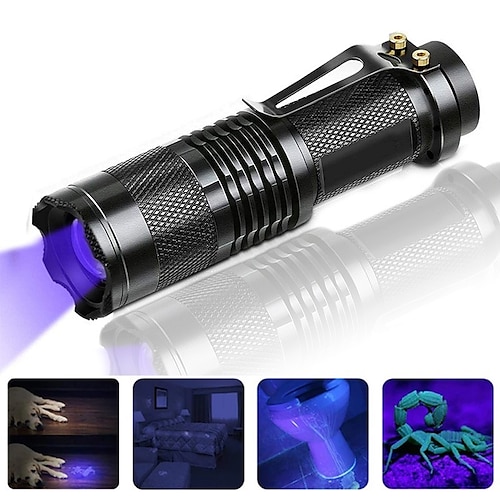 

lanterna led uv mini tocha led 395nm luz negra comprimento de onda luz violeta zoomable pet urina escorpião detector de higiene feminina