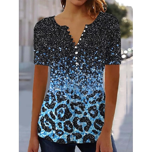 

Damen T Shirt Blau Grün Leopard Taste Bedruckt Kurzarm Täglich Wochenende Basic Rundhalsausschnitt Standard Farbe S