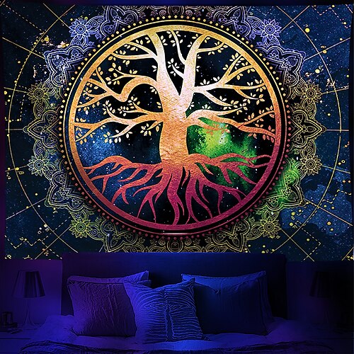 

Blacklight Tapestry UV Reactive Tree of Life Trippy Misty Mushroom Nature Landscape Butterfly Hanging Tapestry Wall Art Mural for Living Room