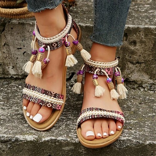 

Mujer Sandalias Playa de Boho Bohemia Sandalias planas Exterior Playa Verano Borla Tacón Plano Vacaciones Vintage Casual Tela Cremallera Rojo Azul Piscina Color Caquí