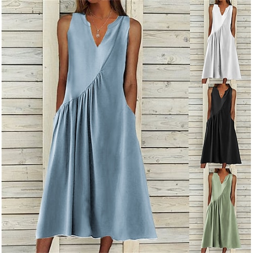 

Women's Casual Dress Cotton Dress Midi Dress Cotton Blend Fashion Basic Outdoor Daily Vacation V Neck Ruched Pocket Sleeveless Summer Spring 2023 Loose Fit Black White Blue Plain S M L XL 2XL