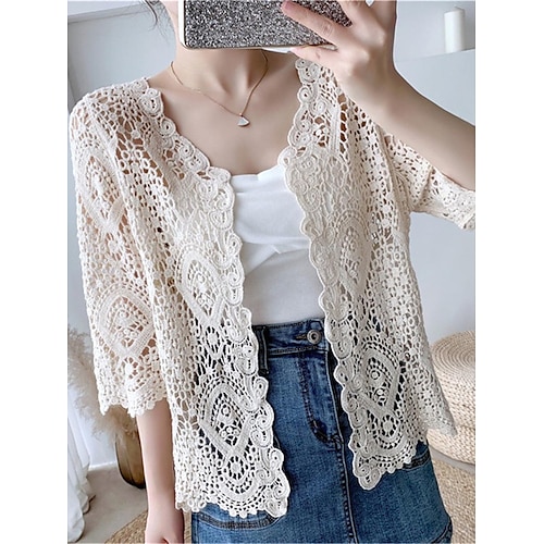 

Women's Cardigan Sweater Jumper Crochet Knit Embroidered Hole Solid Color Open Front Stylish Casual Daily Going out Summer Spring White Beige One-Size