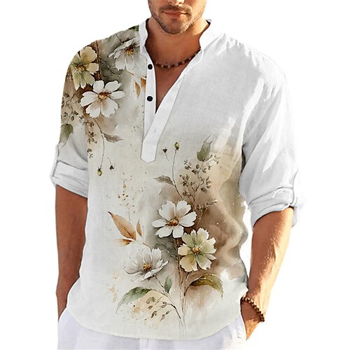 

Men's Shirt Linen Shirt Floral Graphic Prints Stand Collar Blue-Green Yellow Pink Blue Green Outdoor Street Long Sleeve Print Clothing Apparel Linen Fashion Streetwear Designer Casual