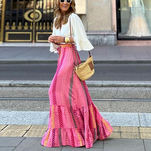 

Damen Schaukel Langer Rock Maxi Spandex Rosenrot Beige Röcke Rüsche Bedruckt Basic Casual S M L