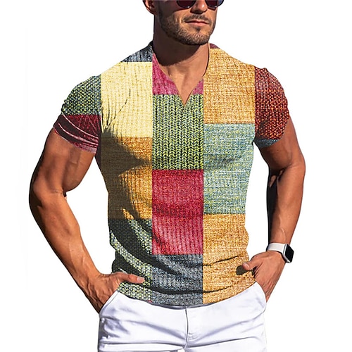 

Men's Waffle T Shirt Graphic Plaid Color Block V Neck Clothing Apparel 3D Print Outdoor Daily Short Sleeve Fashion Designer Basic