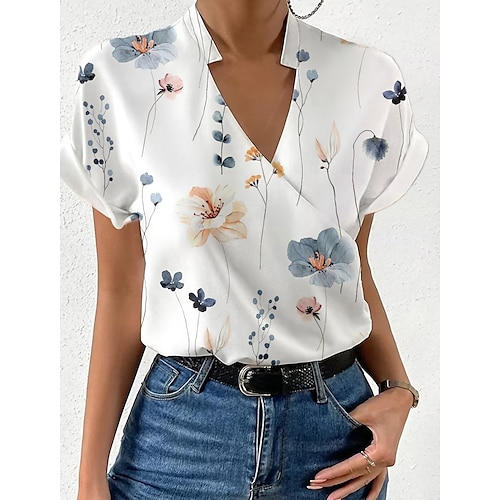 

Mulheres Camisa Social Blusa Branco Rosa Roxo Floral Imprimir Manga Curta Casual Feriado Básico Decote V Padrão Tema Flores S