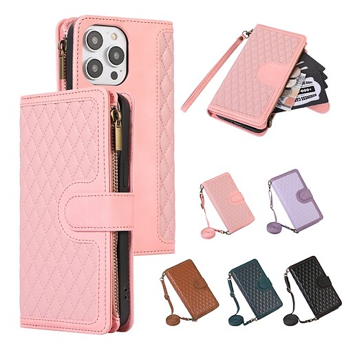 

Phone Case For Apple Handbag Purse Wallet Case iPhone 14 Pro Max Plus 13 12 11 X XR XS 8 7 Zipper with Removable Cross Body Strap with Wrist Strap Solid Colored Geometric Pattern TPU PU Leather