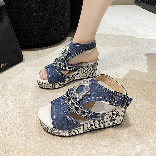 

Damen Sandalen Sandalen mit Keilabsatz Sandalen mit Knöchelriemen Täglich Sommer Keilabsatz Offene Spitze Vintage Brautkleider schlicht Leinwand Knöchelriemen Feste Farbe Slogan Blau Dunkelblau