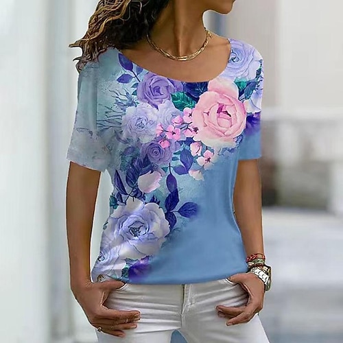 

Mulheres Camiseta Rosa Azul Verde Floral Imprimir Manga Curta Feriado Final de semana Básico Decote Redondo Padrão Tema Flores Pintura S